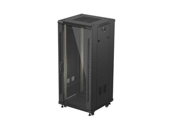 RACKOVÁ SKRIŇA 19" VOĽNE STOJACA 27U/600X600 (FLAT PACK) SO SKLENENÝMI DVERAMI ČIERNA LANBERG
