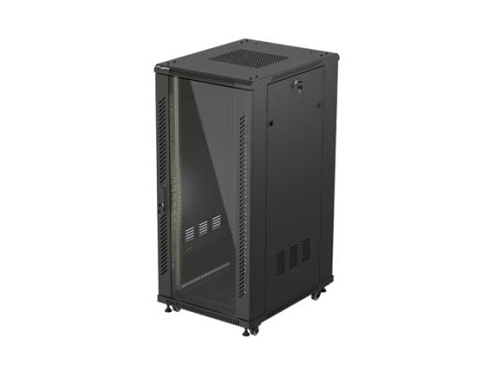RACKOVÁ SKRIŇA 19" VOĽNE STOJACA 27U/600X800 (FLAT PACK) SO SKLENENÝMI DVERAMI ČIERNA LANBERG