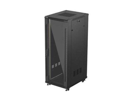 RACKOVÁ SKRIŇA 19" VOĽNE STOJACA 32U/600X800 (FLAT PACK) SO SKLENENÝMI DVERAMI ČIERNA LANBERG