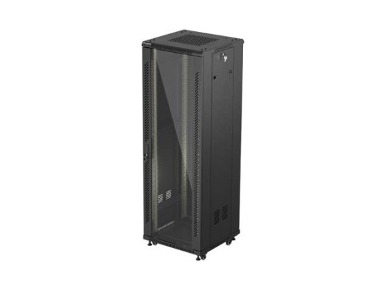 RACKOVÁ SKRIŇA 19" VOĽNE STOJACA 37U/600X600 (FLAT PACK) SO SKLENENÝMI DVERAMI ČIERNA LANBERG