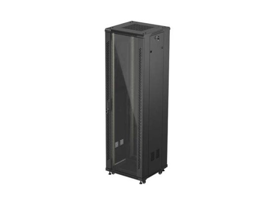 RACKOVÁ SKRIŇA 19" VOĽNE STOJACA 42U/600X600 (FLAT PACK) SO SKLENENÝMI DVERAMI ČIERNA LANBERG