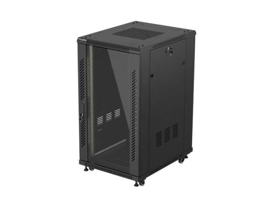 INŠTALAČNÝ SKRIŇOVÝ RACK 19" 22U 600X800 ČIERNE SKLENENÉ DVERE LANBERG (PLOCHÉ BALENIE)