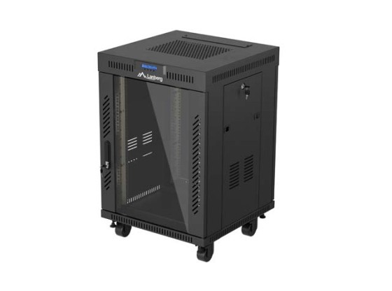 RACKOVÁ SKRIŇA 19" VOĽNE STOJACA 15U/600X600 (FLAT PACK) SO SKLENENÝMI DVERAMI LCD ČIERNA LANBERG V2