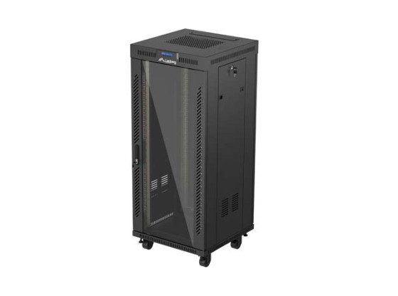 RACKOVÁ SKRIŇA 19" VOĽNE STOJACA 27U/600X600 (FLAT PACK) SO SKLENENÝMI DVERAMI LCD ČIERNA LANBERG V2