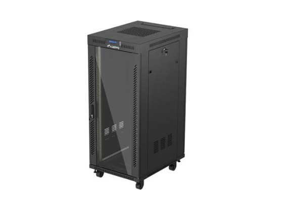 RACKOVÁ SKRIŇA 19" VOĽNE STOJACA 27U/600X800 (FLAT PACK) SO SKLENENÝMI DVERAMI LCD ČIERNA LANBERG V2