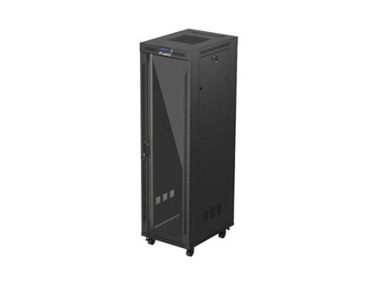 RACKOVÁ SKRIŇA 19" VOĽNE STOJACA 42U/600X800 (FLAT PACK) SO SKLENENÝMI DVERAMI LCD ČIERNA LANBERG V2