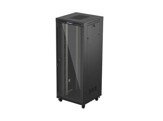 RACKOVÁ SKRIŇA 19" VOĽNE STOJACA 42U/800X800 (FLAT PACK) SO SKLENENÝMI DVERAMI LCD ČIERNA LANBERG V2