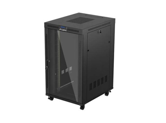 RACKOVÁ SKRIŇA 19" VOĽNE STOJACA 27U/800X1000 (FLAT PACK) SO SKLENENÝMI DVERAMI LCD ČIERNA LANBERG V2