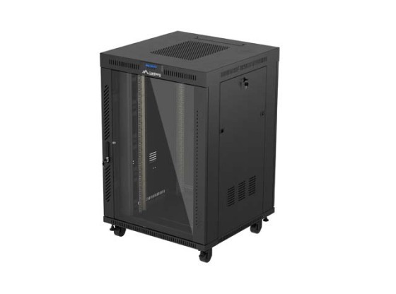 RACKOVÁ SKRIŇA 19" VOĽNE STOJACA 22U/800X800 (FLAT PACK) SO SKLENENÝMI DVERAMI LCD ČIERNA LANBERG V2