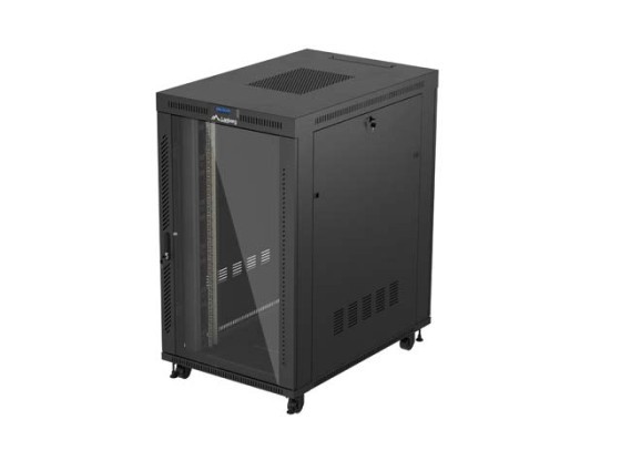 RACKOVÁ SKRIŇA 19" VOĽNE STOJACA 27U/800X1200 (FLAT PACK) SO SKLENENÝMI DVERAMI LCD ČIERNA LANBERG