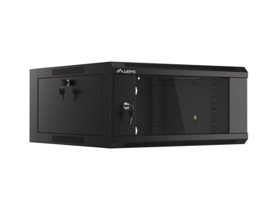 RACKOVÁ SKRIŇA 19" NÁSTENNÁ 4U/600 SO SKLENENÝMI DVERAMI ČIERNA LANBERG (ZMONTOVANÁ)