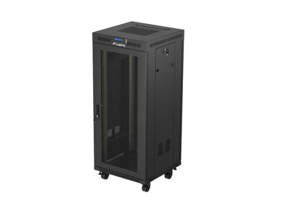 RACKOVÁ SKRIŇA 19" VOĽNE STOJACA 27U/600X600 (FLAT PACK) SO SIEŤOVANÝMI DVERAMI LCD ČIERNA LANBERG V2