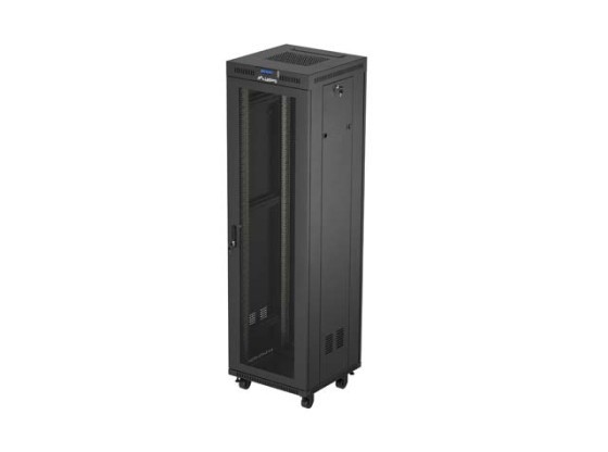 RACKOVÁ SKRIŇA 19" VOĽNE STOJACA 42U/600X600 (FLAT PACK) SO SIEŤOVANÝMI DVERAMI LCD ČIERNA LANBERG V2