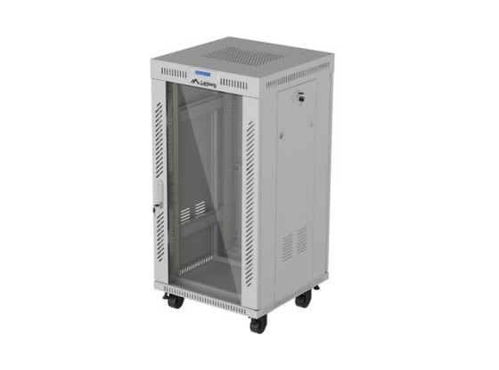 19-palcová voľne stojaca racková skriňa 22U/600×600 (v rozloženom stave) so sklenenými dverami, LCD, sivá, LANBERG V2