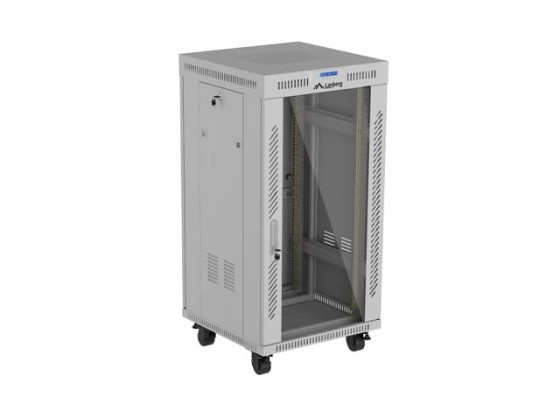 19-palcová voľne stojaca racková skriňa 22U/600×600 (v rozloženom stave) so sklenenými dverami, LCD, sivá, LANBERG V2