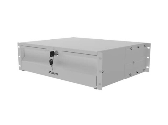 19" zásuvka 3U/483 × 360 mm, maximálna nosnosť až 90 kg, 4-bodové upevnenie, sivá, LANBERG