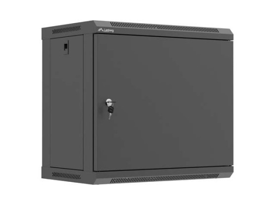 19" nástenná racková skriňa 9U/540×350 (v rozloženom stave) s kovovými dverami, čierna, LANBERG