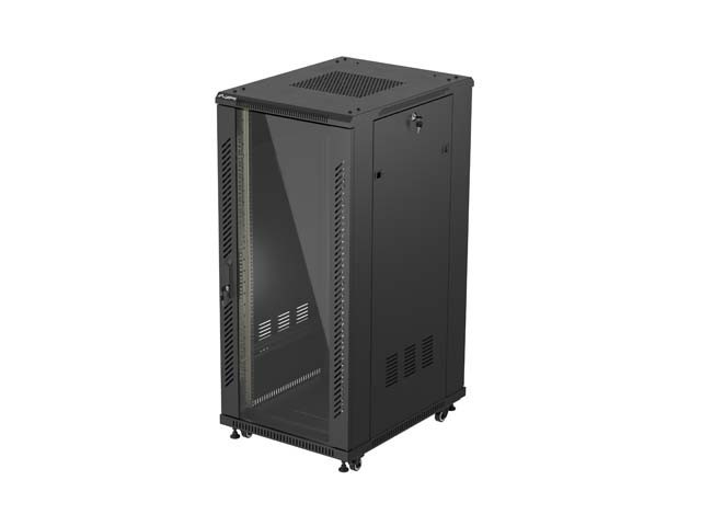 RACKOVÁ SKRIŇA 19" VOĽNE STOJACA 27U/600X800 (FLAT PACK) SO SKLENENÝMI DVERAMI ČIERNA LANBERG