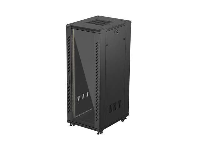 RACKOVÁ SKRIŇA 19" VOĽNE STOJACA 32U/600X800 (FLAT PACK) SO SKLENENÝMI DVERAMI ČIERNA LANBERG