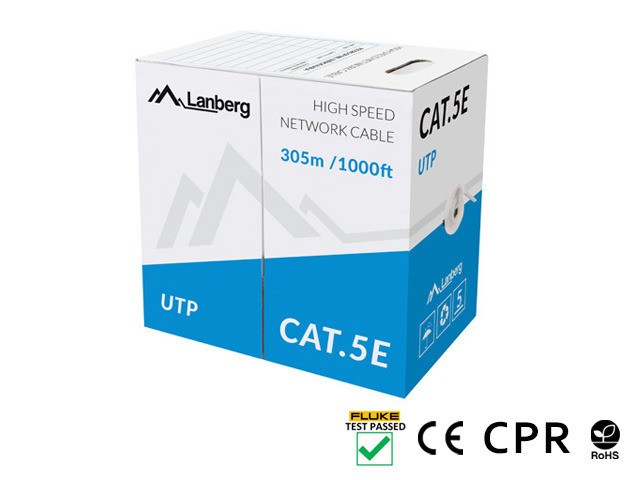 LAN KÁBEL CAT.5E UTP 305M PEVNÝ CU SIVÝ CPR + FLUKE PASS LANBERG