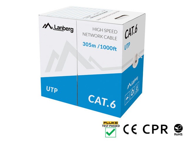 LAN KÁBEL CAT.6 UTP 305M PEVNÝ CU SIVÝ CPR + FLUKE PASS LANBERG
