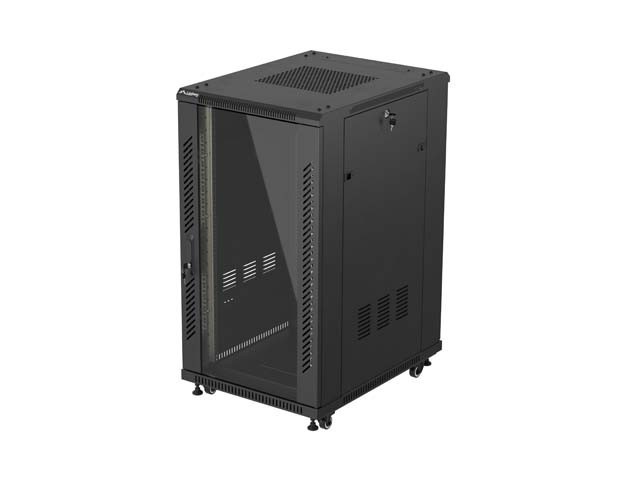 INŠTALAČNÝ SKRIŇOVÝ RACK 19" 22U 600X800 ČIERNE SKLENENÉ DVERE LANBERG (PLOCHÉ BALENIE)