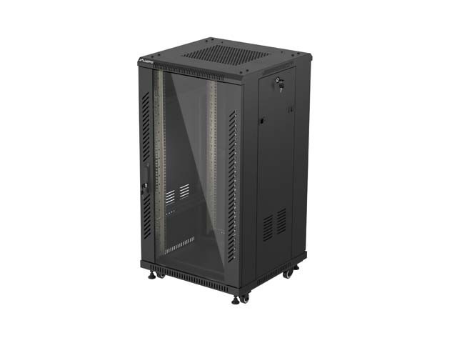 INŠTALAČNÝ SKRIŇOVÝ RACK 19" 22U 600X600 ČIERNE SKLENENÉ DVERE LANBERG (PLOCHÉ BALENIE)