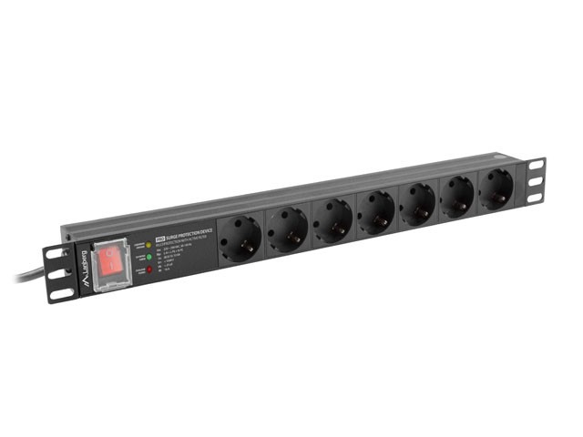 NAPÁJACIA DISTRIBUČNÁ JEDNOTKA (PDU) PRO 19" LANBERG 1U 16A 2M 7X SCHUKO ZÁSUVKY SPD-3MP ČIERNA