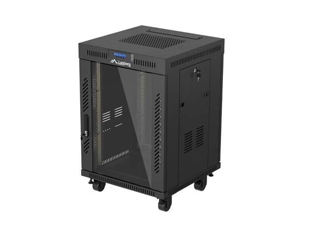 RACKOVÁ SKRIŇA 19" VOĽNE STOJACA 15U/600X600 (FLAT PACK) SO SKLENENÝMI DVERAMI LCD ČIERNA LANBERG V2
