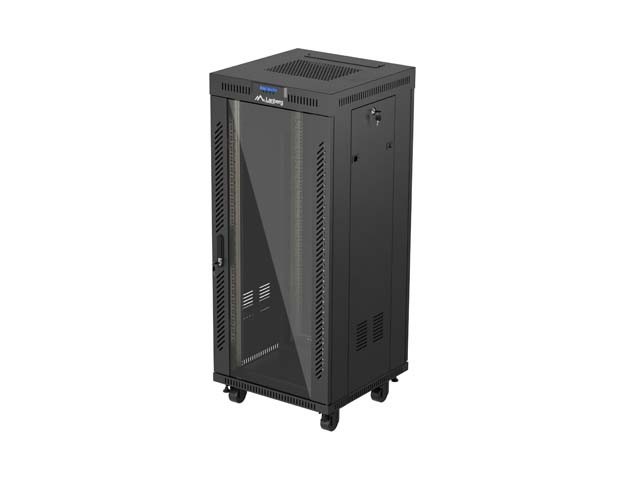 RACKOVÁ SKRIŇA 19" VOĽNE STOJACA 27U/600X600 (FLAT PACK) SO SKLENENÝMI DVERAMI LCD ČIERNA LANBERG V2