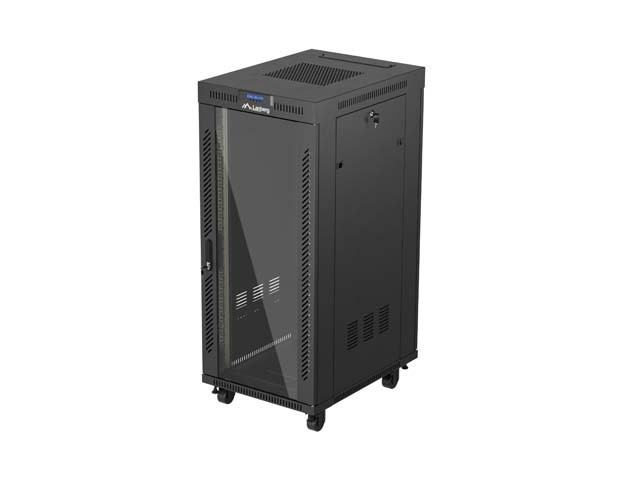 RACKOVÁ SKRIŇA 19" VOĽNE STOJACA 27U/600X800 (FLAT PACK) SO SKLENENÝMI DVERAMI LCD ČIERNA LANBERG V2