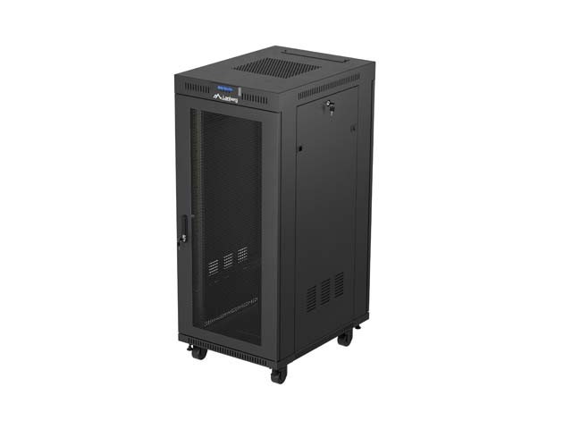 RACKOVÁ SKRIŇA 19" VOĽNE STOJACA 27U/600X800 (FLAT PACK) SO SIEŤOVANÝMI DVERAMI LCD ČIERNA LANBERG V2