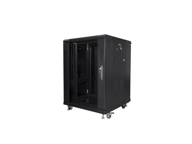 RACKOVÁ SKRIŇA 19" VOĽNE STOJACA 15U/600X600 SO SKLENENÝMI DVERAMI ČIERNA LANBERG (ZMONTOVANÁ)