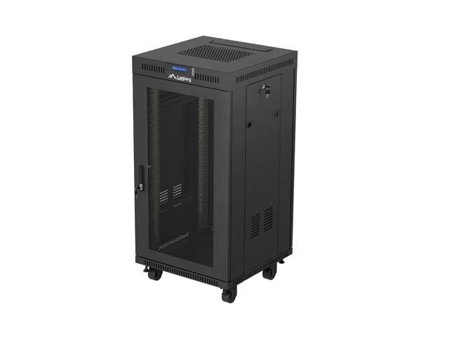 RACKOVÁ SKRIŇA 19" VOĽNE STOJACA 22U/600X600 (FLAT PACK) SO SIEŤOVANÝMI DVERAMI LCD ČIERNA LANBERG V2