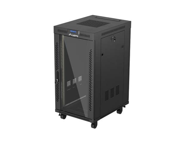INŠTALAČNÝ RACK 19" 22U 600X800 ČIERNY LANBERG SKLENENÉ DVERE (FLAT PACK) V2
